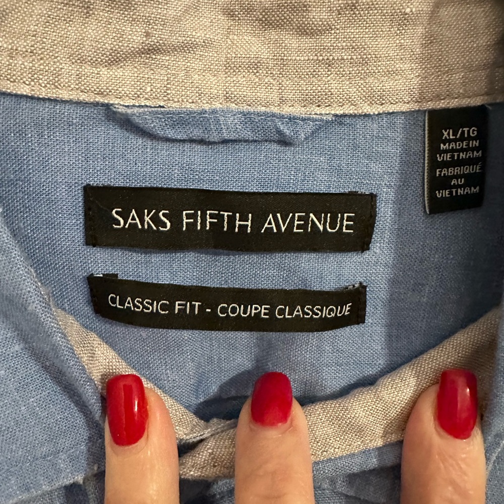 NWT Saks Fifth Avenue Light Blue Linen Button Down Shirt Size XL - Picture 7 of 10